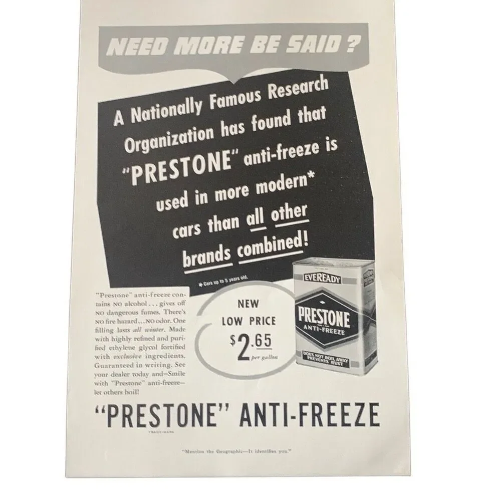 Vintage 1939 Prestone Anti Freeze Need More Be Said Ad Advertisement